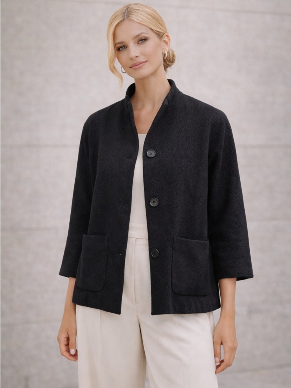 Eileen Fisher Cotton Wool Blend Jacket Black Textured 3/4 Sleeve Blazer